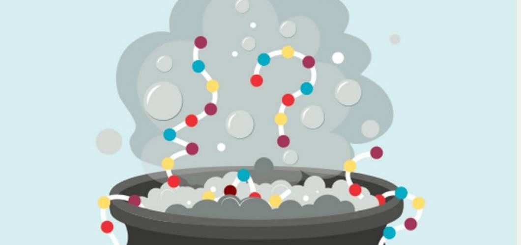 Cartoon of bubbling cauldron with amino acid chains forming inside and emerging in the shape of a question mark.