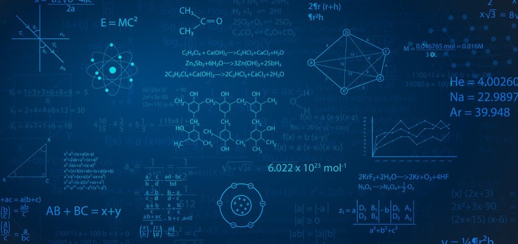 Chemistry and math calculations on blue background