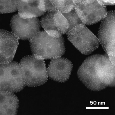 Magnified view of cube-shaped strontium titanate particles.