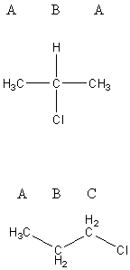 Lewis structures of 2-cloropropane and 1-cholorpropane. In 2 cholopropane, the central carbon is labeled as carbon A and the other two are both labeled carbon B. In 1-propane, the carbon directly bonded to the chlorine is carbon A, the carbon directly bonded to carbon A is labeled carbon B, and the final carbon is labeled carbon C.