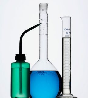 wash bottle, volumetric flask, and graduated cylinder